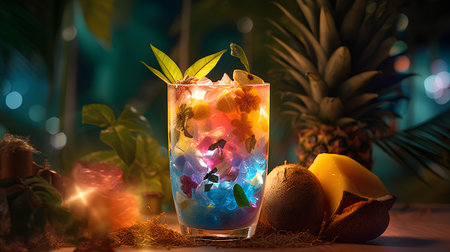 Cocktail with ice and tropical fruits, 3d illustration.の素材