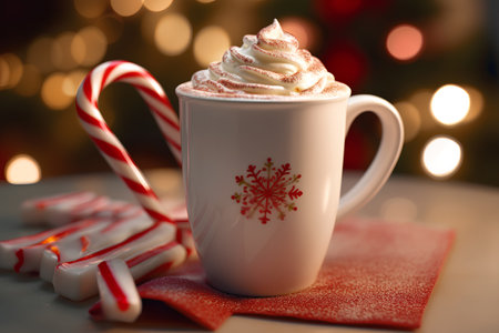 Cup of hot chocolate with whipped cream and candy canes on bokeh backgroundの素材