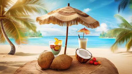 Coconut cocktail on the beach. Summer vacation concept. 3D Renderingの素材