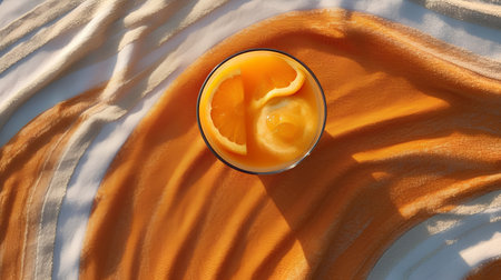 Orange juice in a glass on a background of orange fabric, top viewの素材