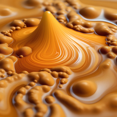 3d rendering of abstract background with waves and bubbles in orange colorの素材