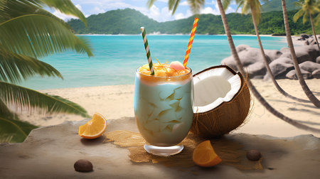 Coconut smoothie in glass with straw on tropical beach backgroundの素材
