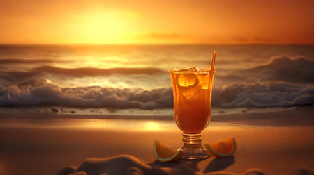 Cocktail on the beach at sunset. 3d illustration.の素材