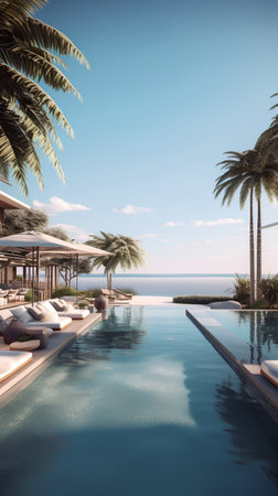 Swimming pool in luxury villa with palm trees. 3d renderingの素材