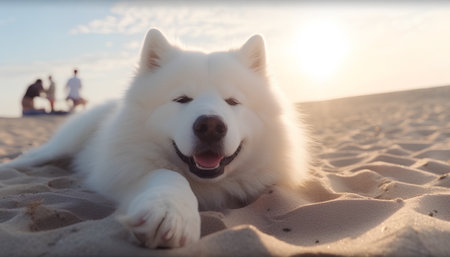 White Samoyed dog lying on the sand and looking at the cameraの素材