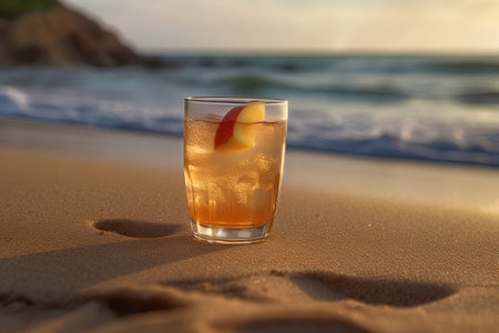 Alcoholic cocktail with orange slice on the beach at sunrise.の素材
