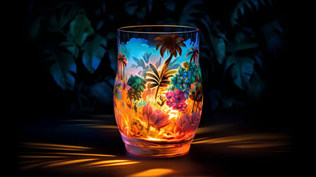 Cocktail glass with tropical plants on dark background. 3D renderingの素材
