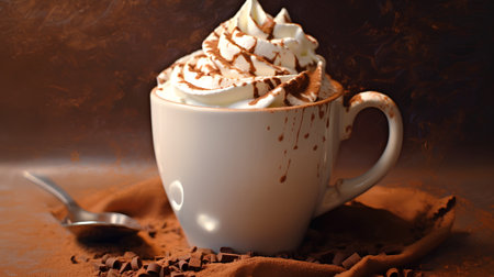 A cup of hot chocolate with whipped cream and cocoa powder on a brown backgroundの素材