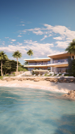 3d rendering of modern luxury house with swimming pool and sea viewの素材