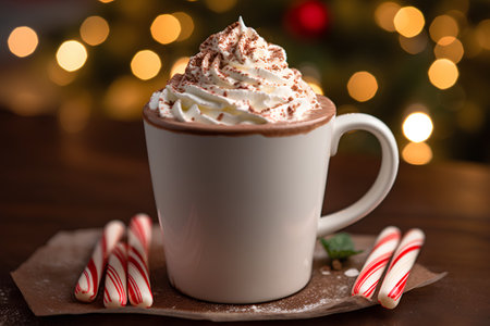 Hot chocolate with whipped cream and christmas decoration on wooden background.の素材