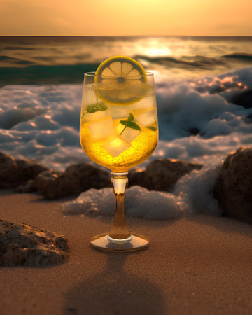 Cocktail with lemon and ice on the beach at sunset.の素材