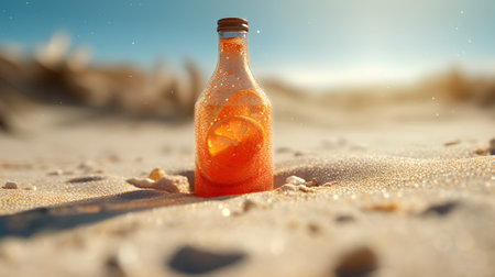 Bottle with lemon on the sand. Summer concept. 3d illustrationの素材
