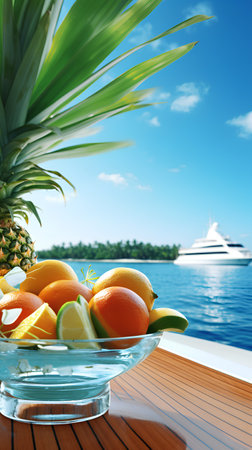 Fruits in a glass bowl on the deck of a cruise shipの素材