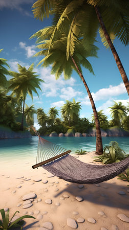 Hammock on a tropical beach with palm trees - 3d renderの素材