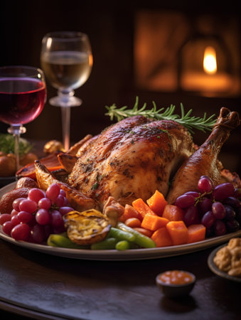 Roasted turkey or chicken with a side dish of fruit and vegetables.の素材