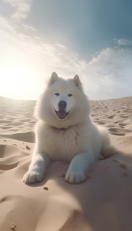 Samoyed dog in the desert at sunset, 3d renderの素材