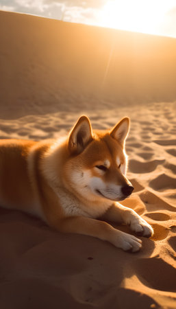 Shiba inu lying on the sand in the desert at sunsetの素材
