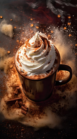 Cup of coffee with whipped cream and cocoa powder on dark backgroundの素材