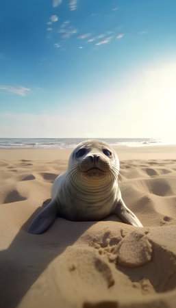 seal on the sand in the ocean under blue sky with cloudsの素材