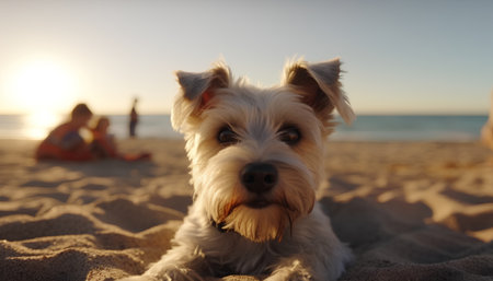 Yorkshire Terrier dog on the beach at sunset. Focus on dogの素材