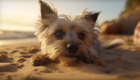 Yorkshire Terrier lying on the beach at sunset, shallow depth of fieldの素材