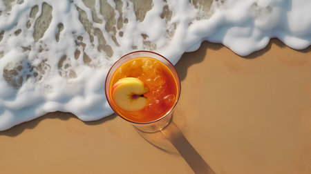 Orange juice on the beach. Top view. 3d rendering.の素材