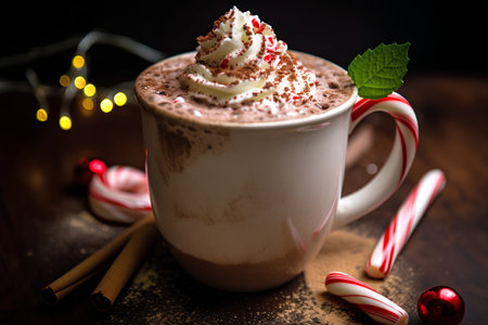 Hot chocolate with whipped cream and christmas decoration on wooden background.の素材