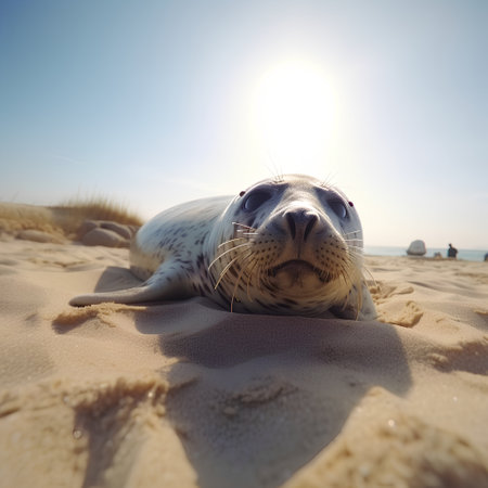 seal resting on a sandy beach in the rays of the sunの素材