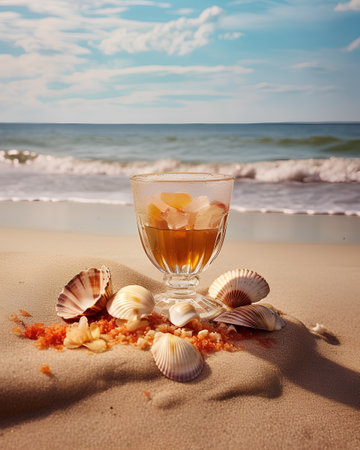 Cocktail with ice and seashells on the sandy beachの素材