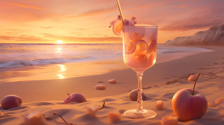 Fruit cocktail on the beach at sunset. 3d rendering.の素材