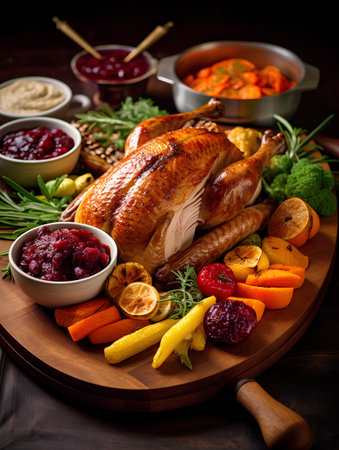 Roasted turkey with cranberry sauce and baked vegetables on a wooden boardの素材