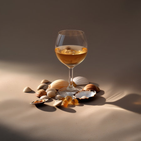 Glass of white wine with seashells on a sand background.の素材