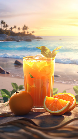 Glass of fresh orange juice with ice and mint on the beach at sunsetの素材