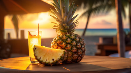 Pineapple juice on the beach at sunset. Tropical background.の素材