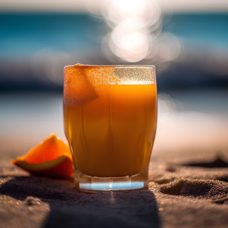 Glass of orange juice on the beach at sunset. Selective focus.の素材