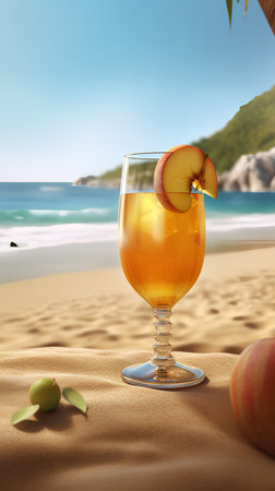 Glass of apple juice on the beach. 3d render illustration.の素材