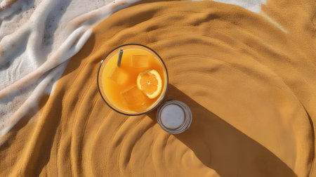 Top view of a glass of orange juice on a beach towel. Flat layの素材