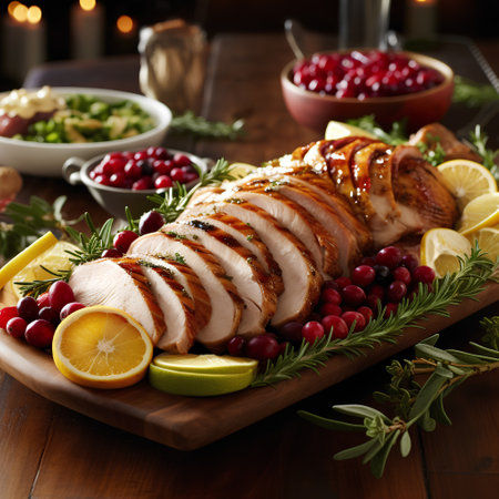 Roasted chicken breast with cranberries, lemon and rosemary on wooden boardの素材