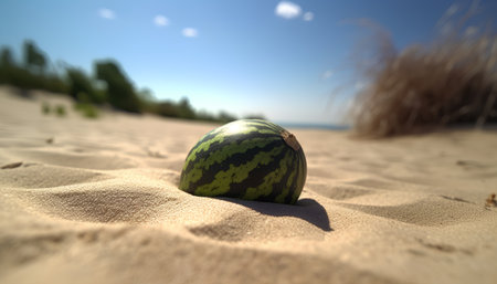 Watermelon in the sand on the beach. 3d illustration.の素材