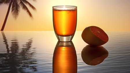 A glass of orange juice on a background of palm trees and reflectionの素材