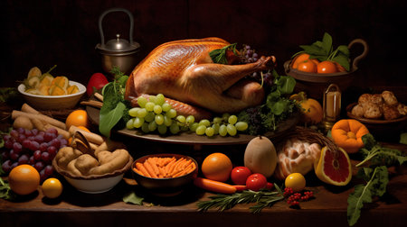 Thanksgiving dinner with roasted turkey, fruits and vegetables on wooden tableの素材
