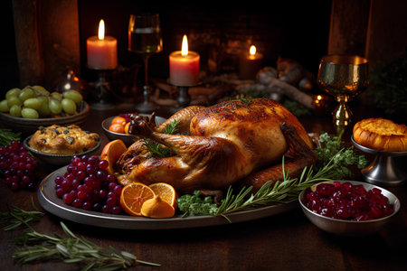 Christmas roast turkey with cranberries and rosemary on wooden background.の素材