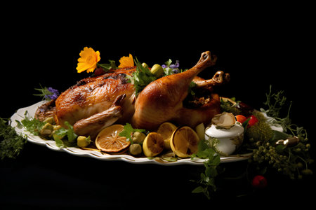 roasted turkey on a white plate with garnish on a black backgroundの素材