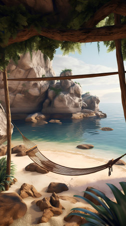 Hammock on a tropical beach. 3D Rendering.の素材