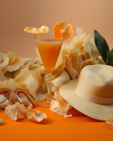 Summer composition with hat, sunglasses, orange juice and tropical leaves on orange backgroundの素材