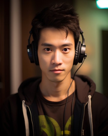Portrait of a young asian man listening to music with headphonesの素材