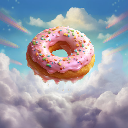 3d illustration of donut with sprinkles flying in the skyの素材