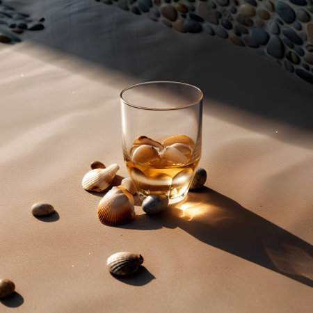 Glass of whiskey on the beach with shells and pebbles.の素材