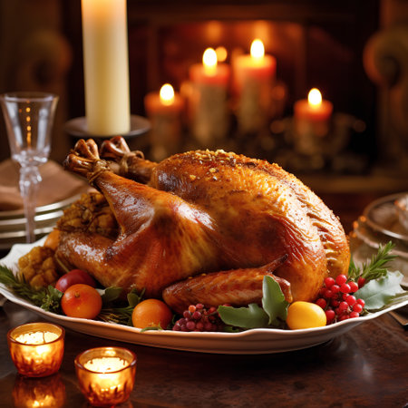 Roasted turkey on Christmas table with candles and candlestick.の素材