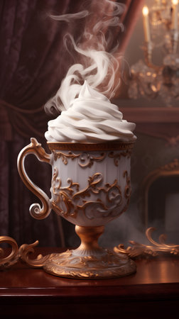 Cup of coffee with whipped cream on the background of the fireplaceの素材